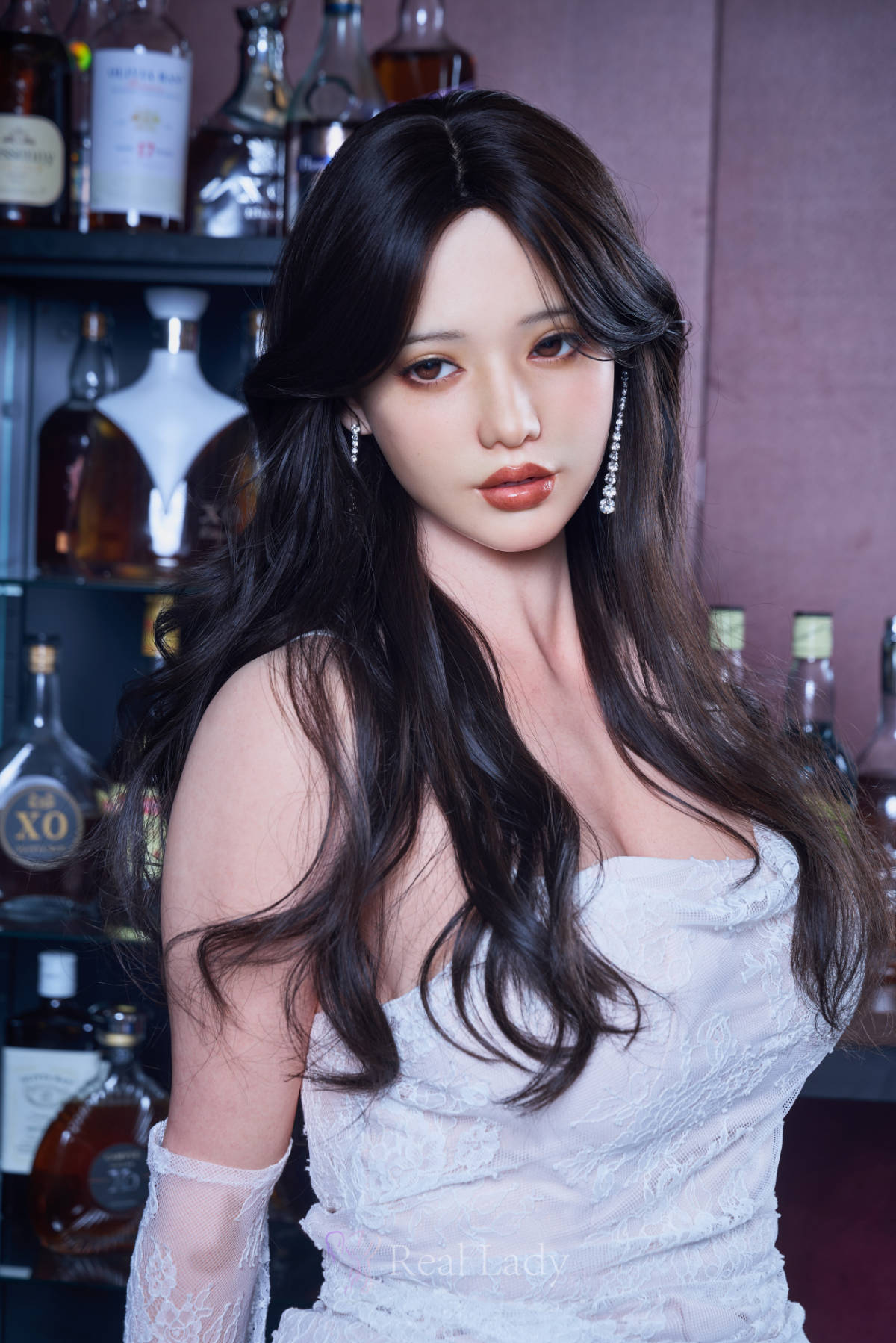 RealLady 170 cm C Silicone - Jina – long dark waves, white slip dress and sheer gloves against a backlit bar
