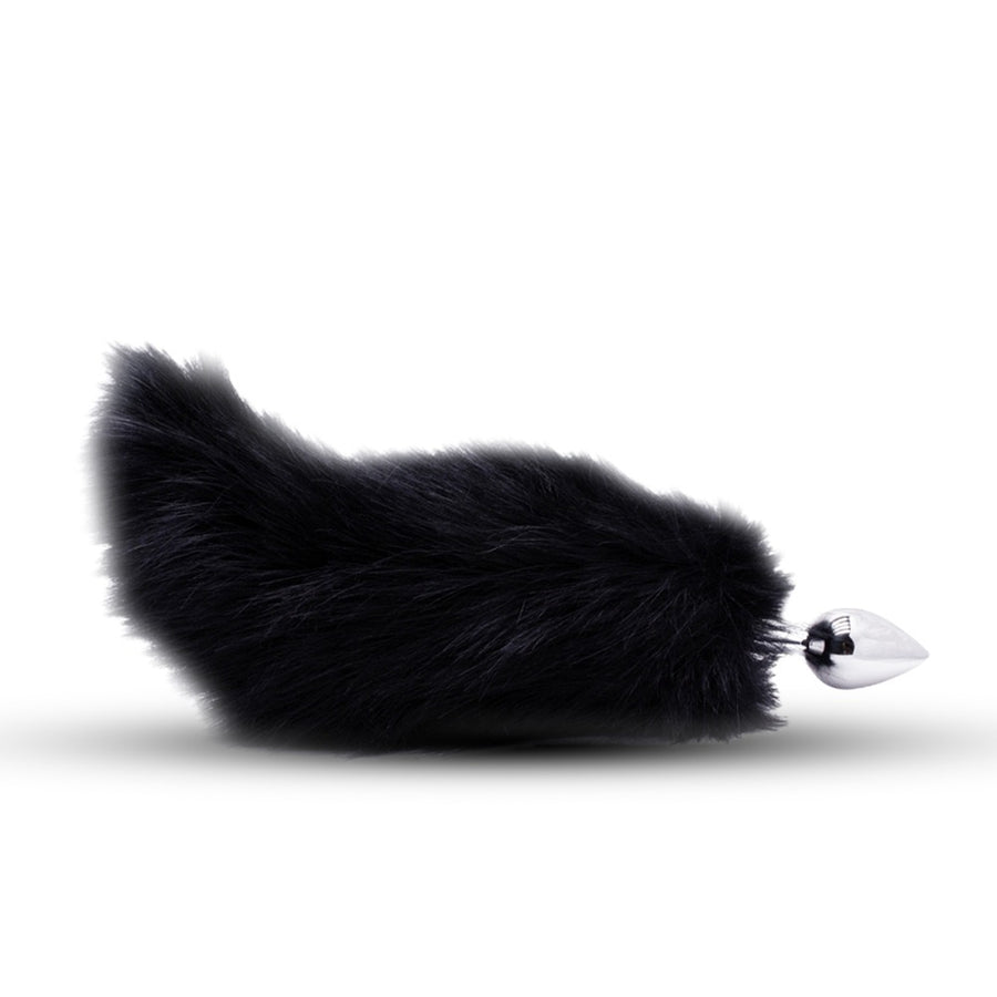 Black faux fur tail with a silver clasp on a white background
