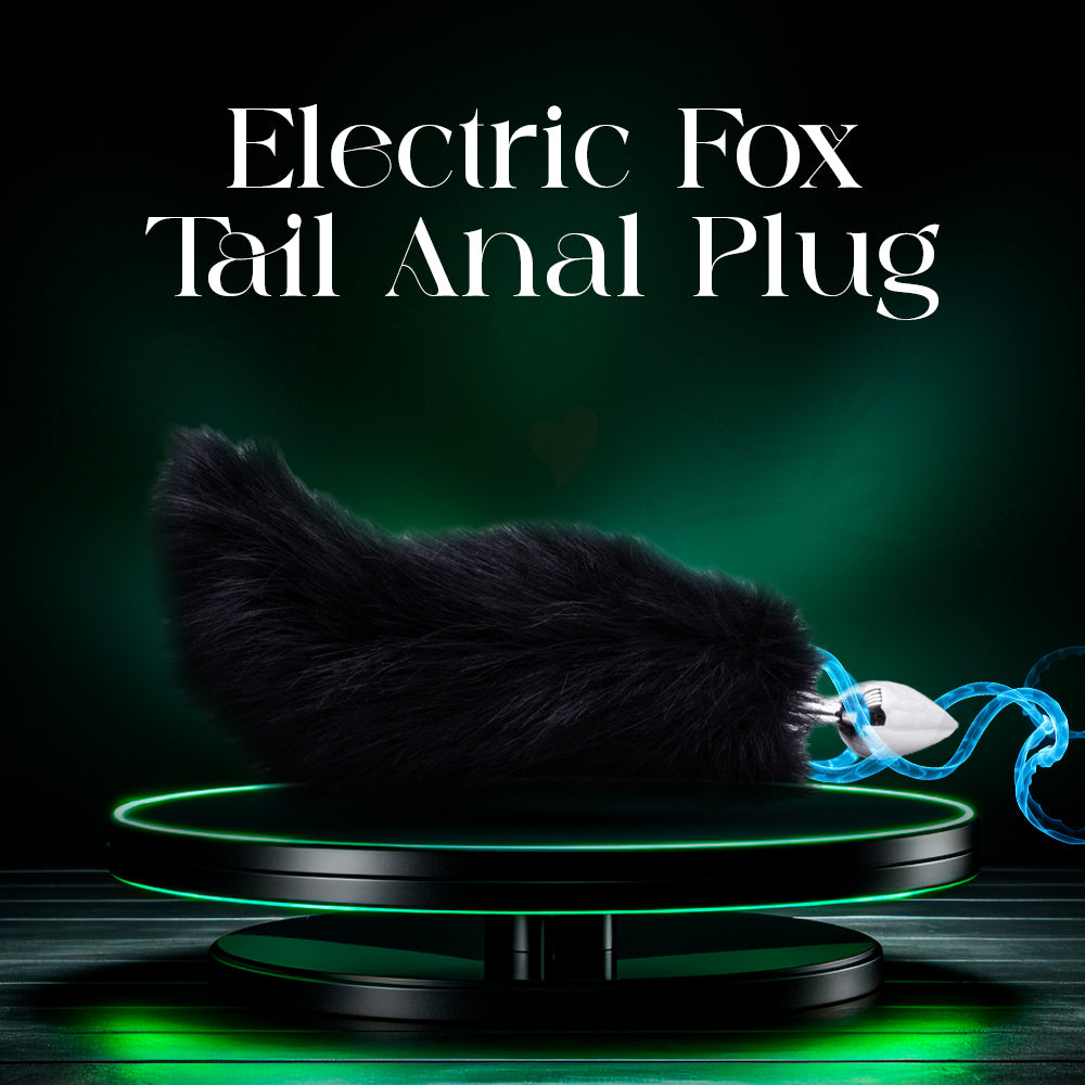 Black electric fox tail anal plug on a dark background with text.