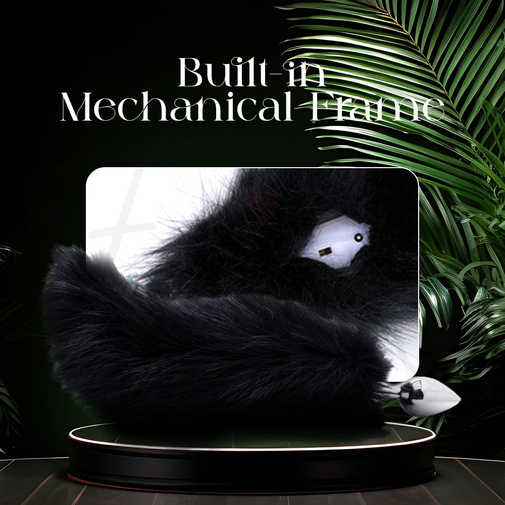 Black plush toy with mechanical panic feature on a dark background with text