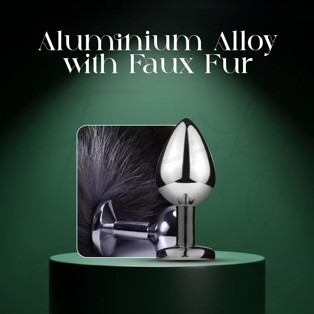 Metallic object with faux fur on a green background, labeled 'Aluminium Alloy With Faux Fur'.