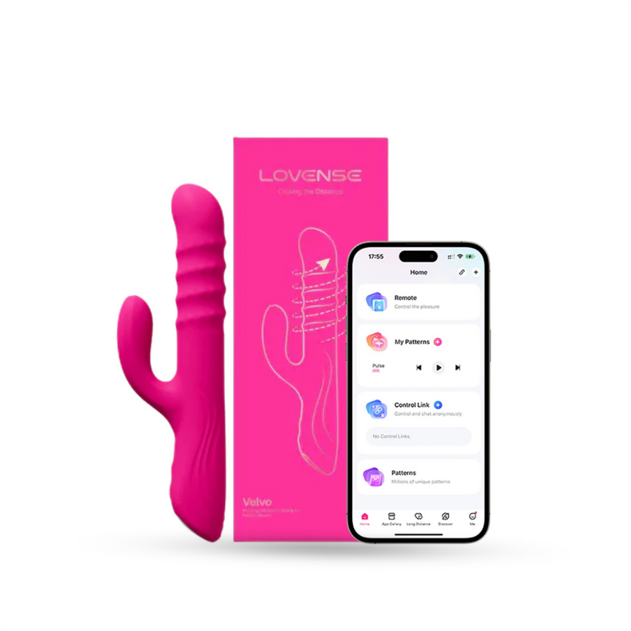Pink Lovense Velvo rabbit vibrator displayed with retail box and smartphone showing control app interface