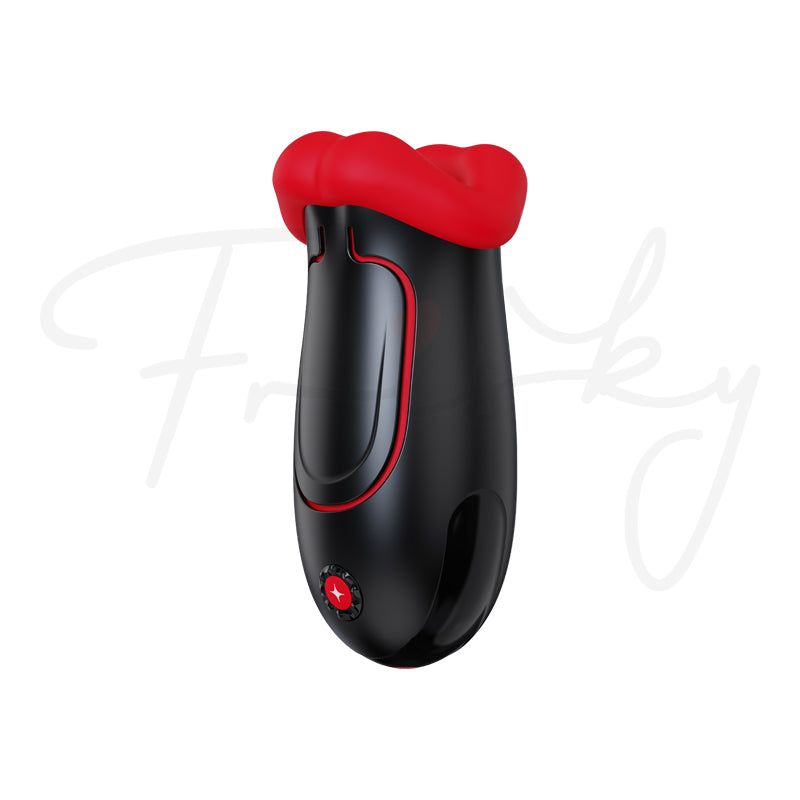 Rouge Allure: back view of the stroker standing upright, showing the smooth black body, on white