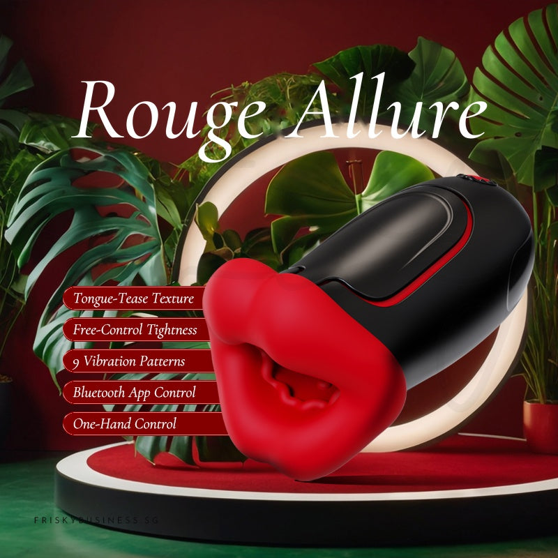 Rouge Allure: stroker on a round display among green tropical leaves, against a deep red backdrop