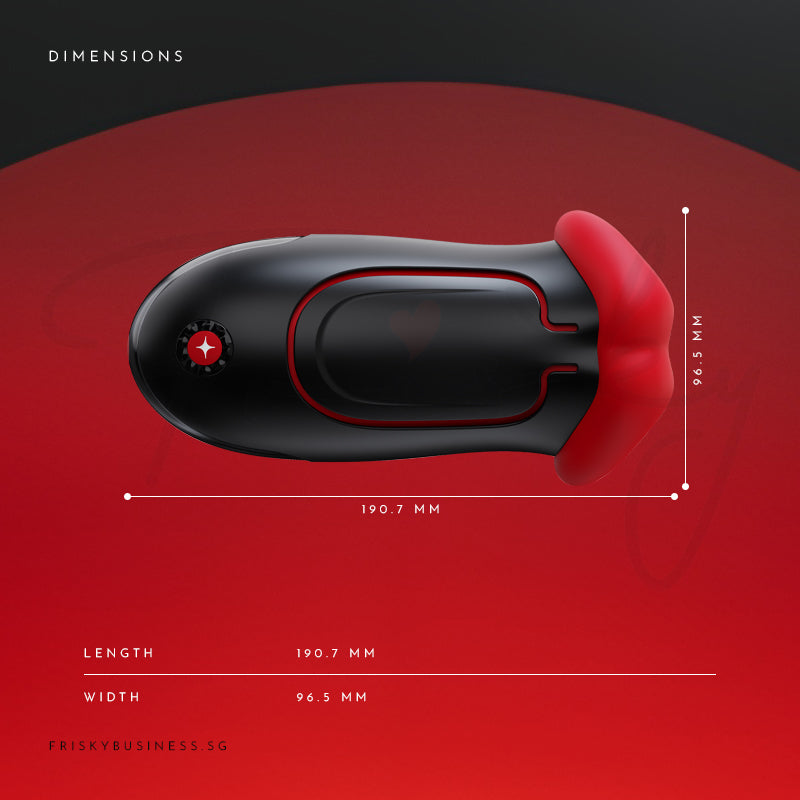 Rouge Allure: side view of the stroker on red, with lines marking its length and width