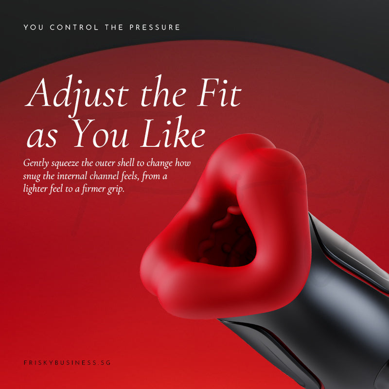 Rouge Allure: soft red lips stretching open to show the adjustable, flexible fit