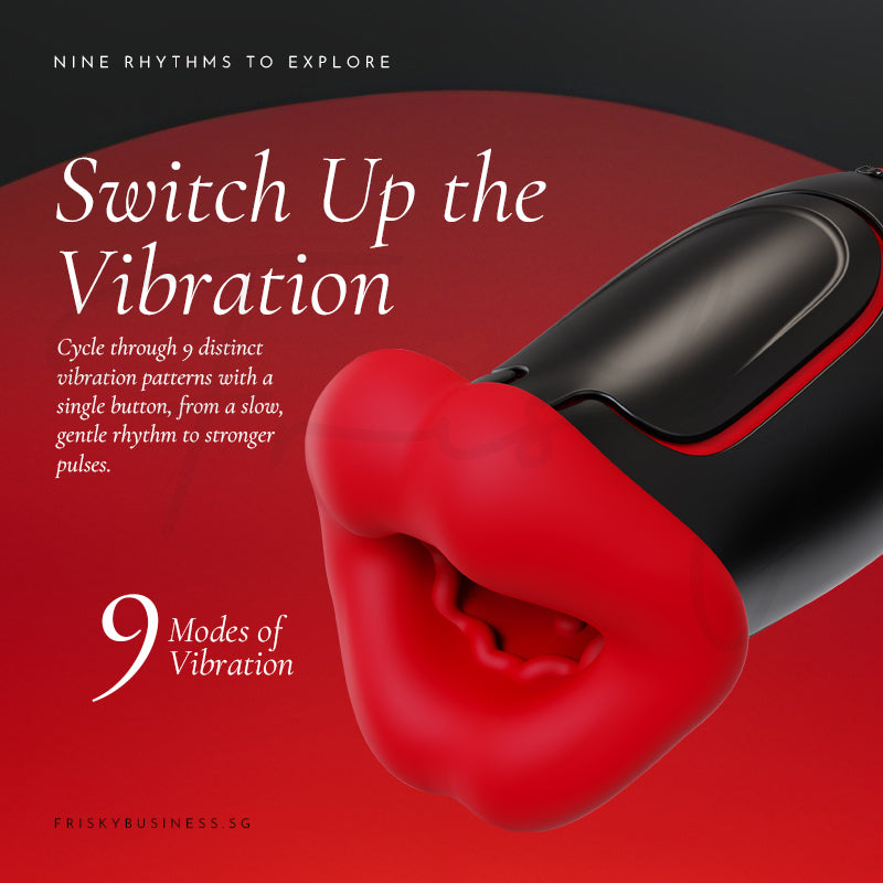 Rouge Allure: stroker angled on red, showing its 9 vibration modes