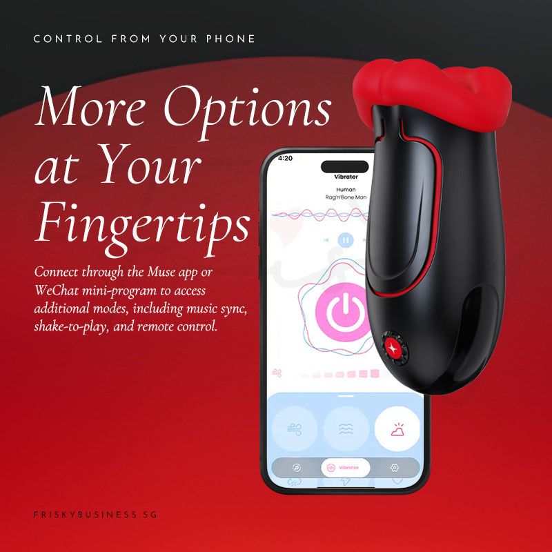 Rouge Allure: stroker beside a smartphone running its control app, for more options at your fingertips