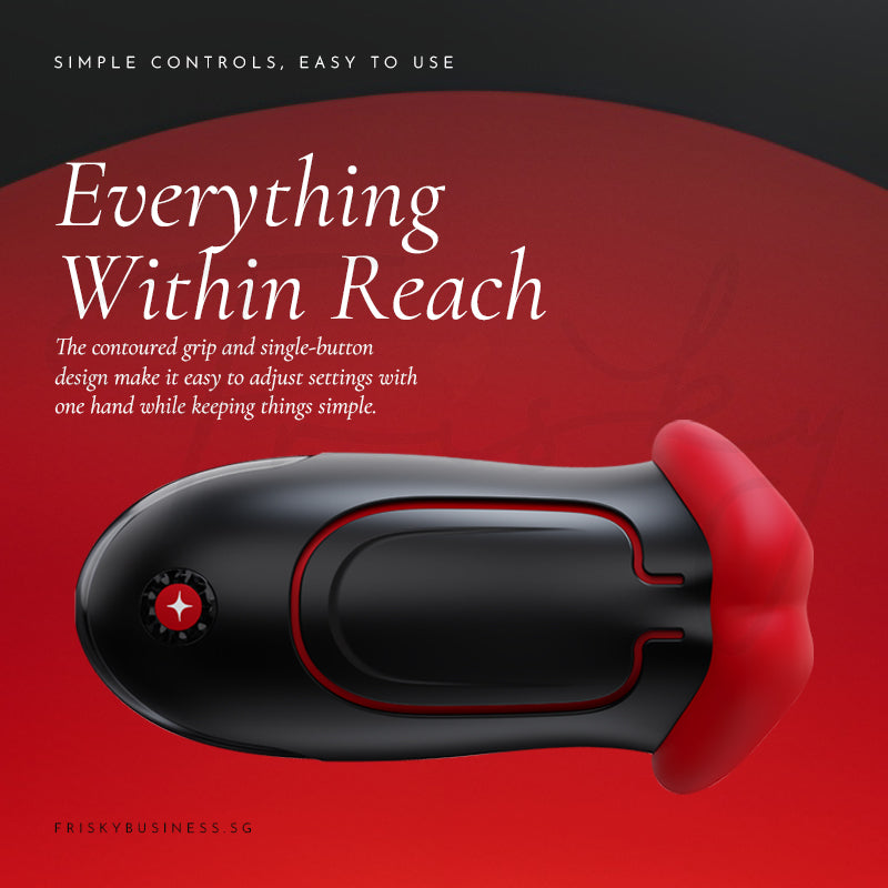 Rouge Allure: stroker lying on its side on red, showing the easy-reach control buttons