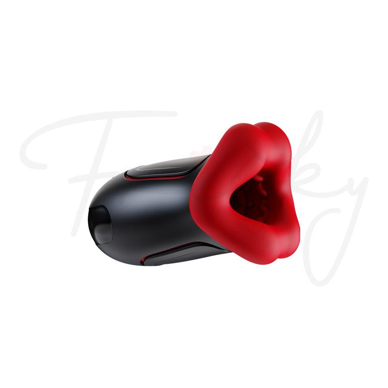 Rouge Allure: lip-shaped stroker seen from the side, red lips facing forward, on white