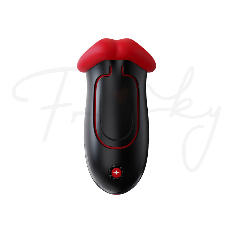 Rouge Allure: front view of the stroker standing upright, red lips on top, on white