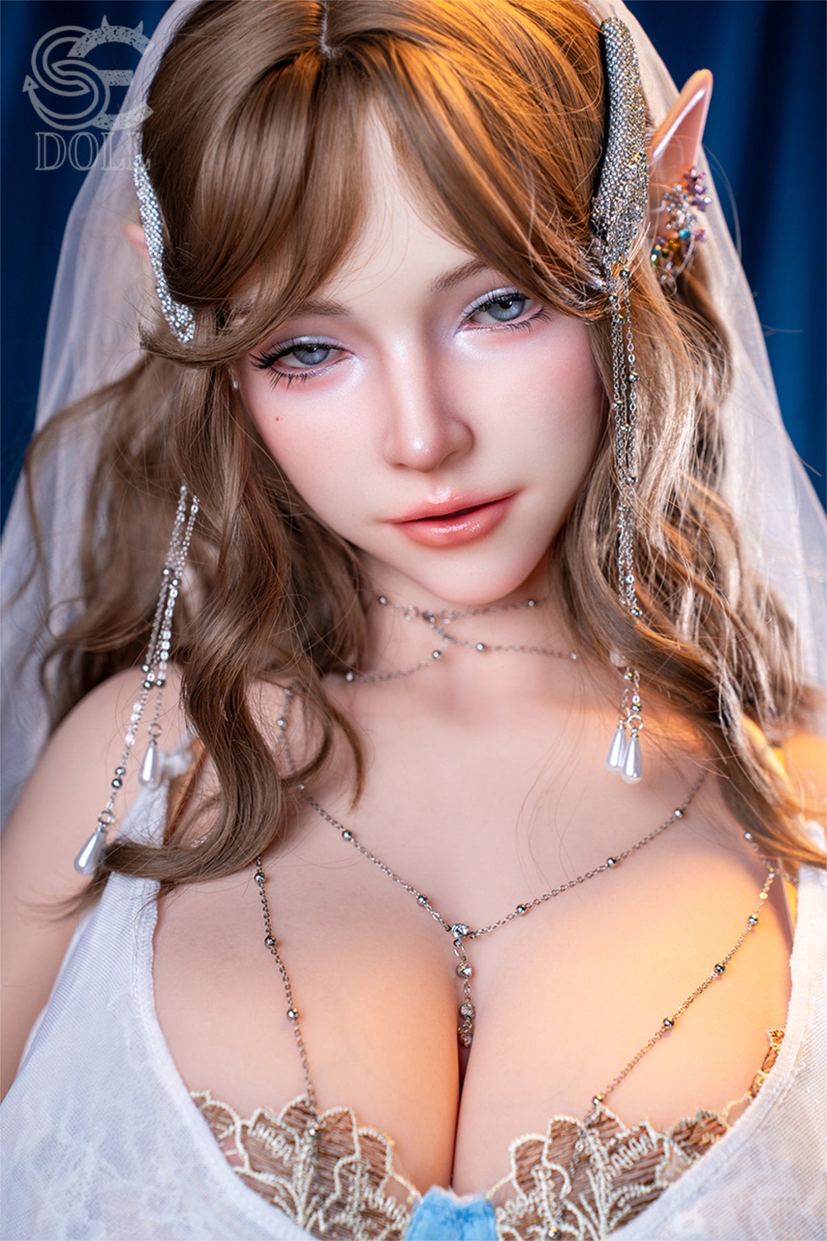 SEDOLL 157 cm I Silicone - Annika.L close-up upper body shot in blue lace lingerie with white veil and elf ear accessories, long auburn wavy hair, dark fantasy background
