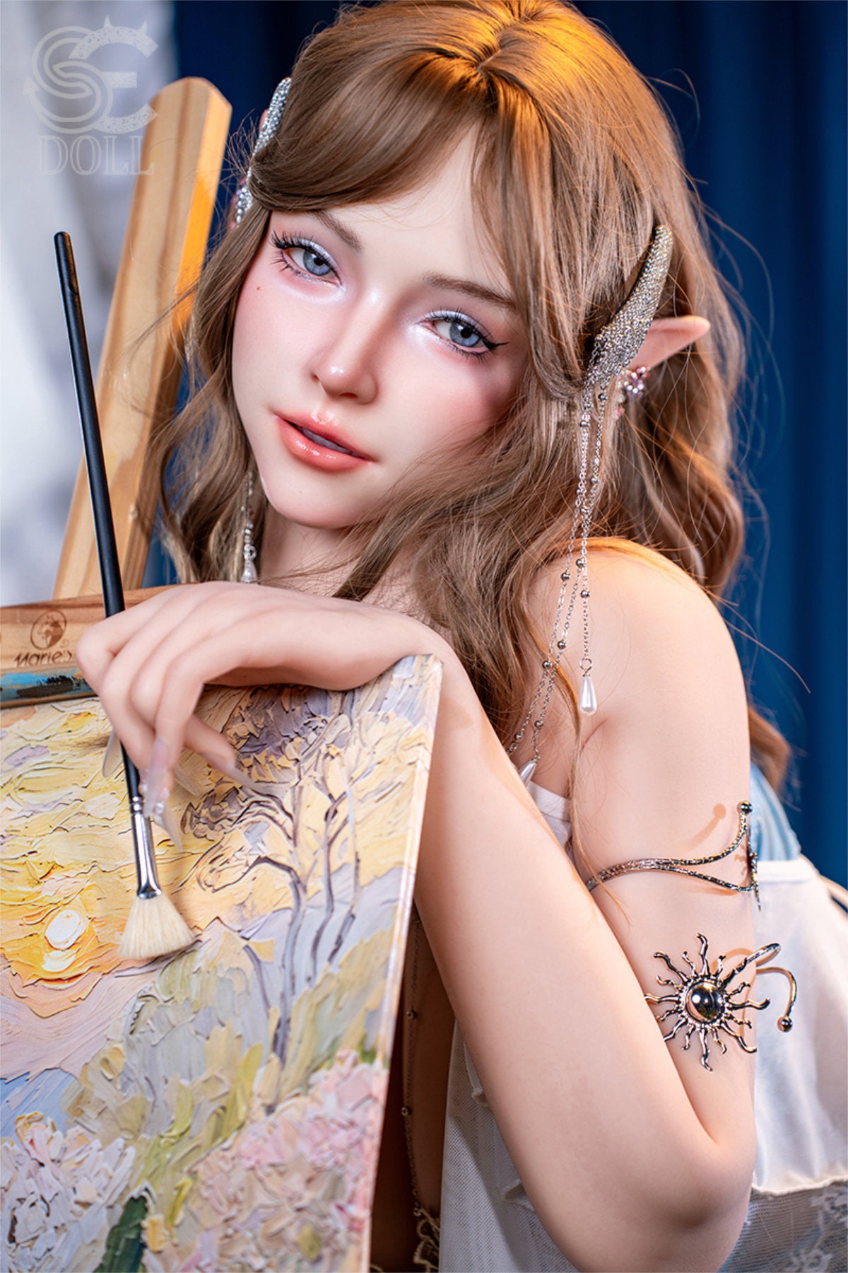 SEDOLL 157 cm I Silicone - Annika.L seated pose in blue lace lingerie with elf ear accessories, long auburn wavy hair, dark fantasy background
