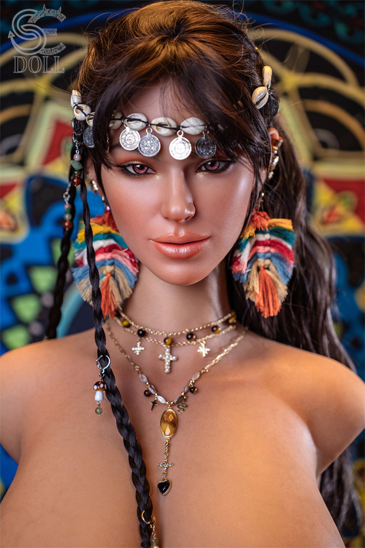 SEDOLL T111 cm G Silicone Torso - Aria Knox.B three-quarter view in brown tribal coconut shell bra with gold jewelry, long dark hair, colorful mosaic background

