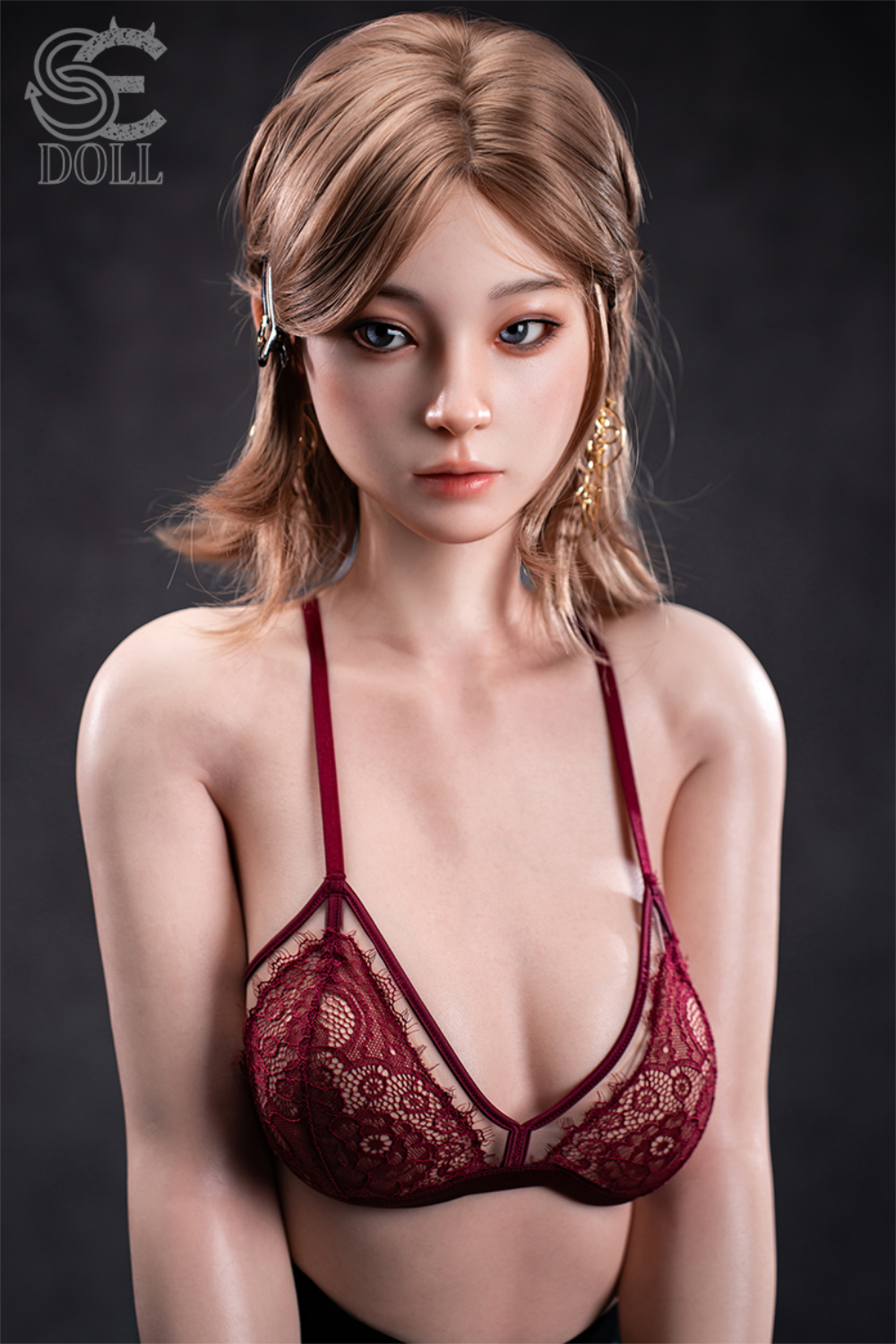 SEDOLL T153 cm A Aya Series Silicone - Miori.C wearing a red lace bra against a dark background.