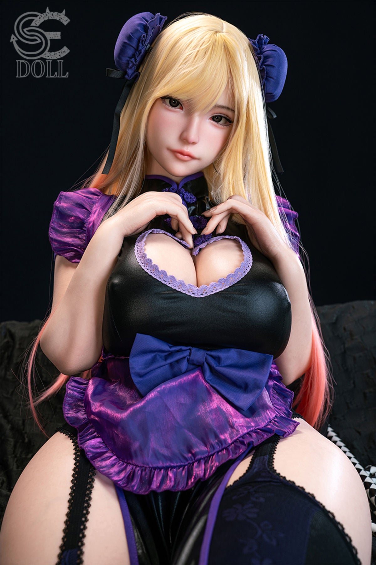 SEDOLL T155 cm J Silicone Pro - Yuuki.M seated pose in the black and purple gothic dress, dark moody backdrop
