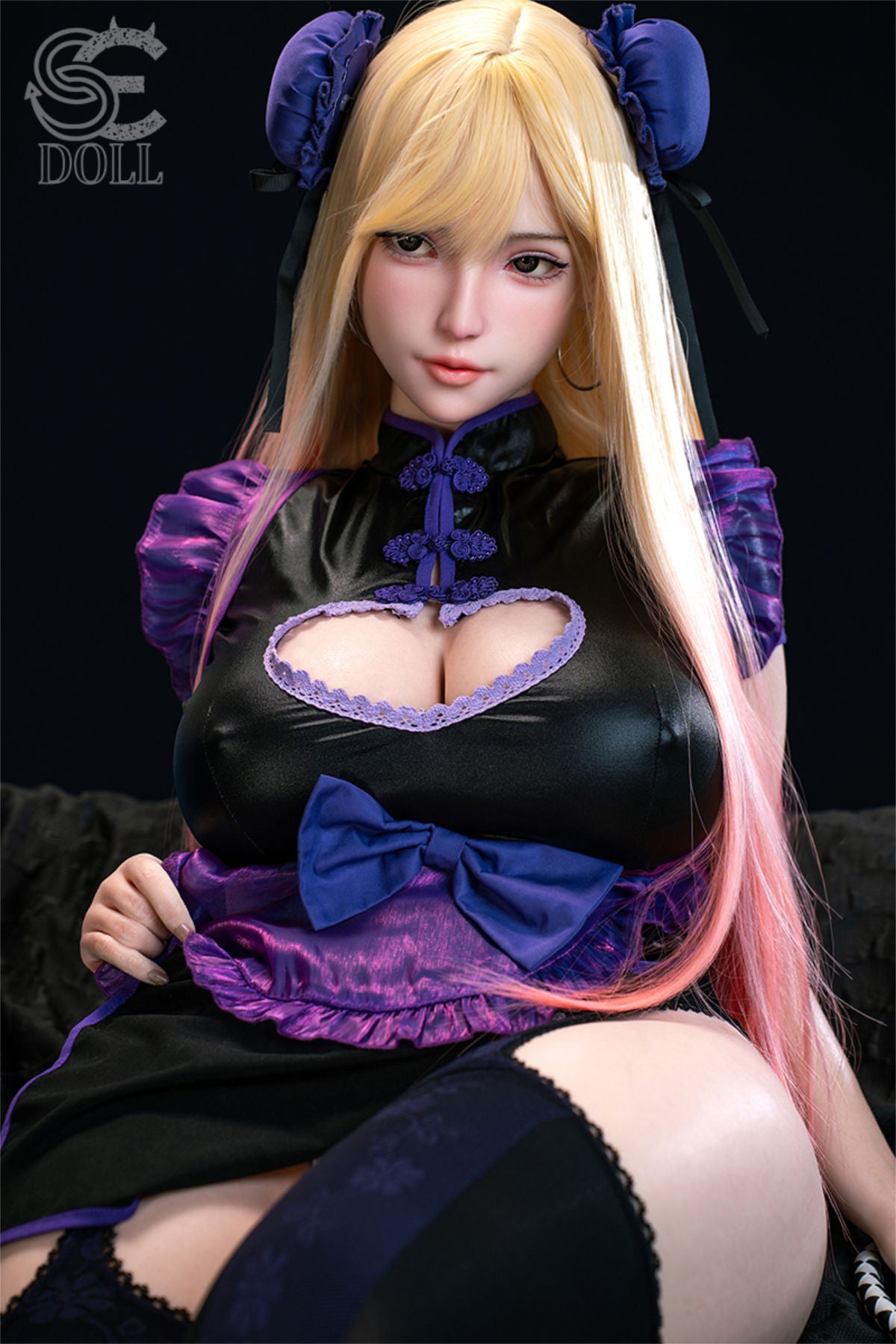 SEDOLL T155 cm J Silicone Pro - Yuuki.M seated pose in the gothic dress with dark thigh-high stockings, moody backdrop