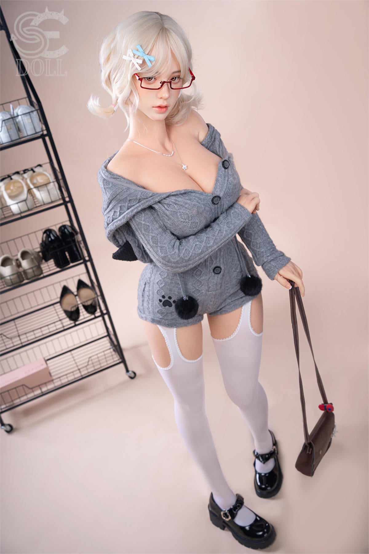 SEDOLL T161 cm C Aya Series Silicone - Miki.B standing pose with her off-shoulder sweater slipping down, thigh-high stockings visible