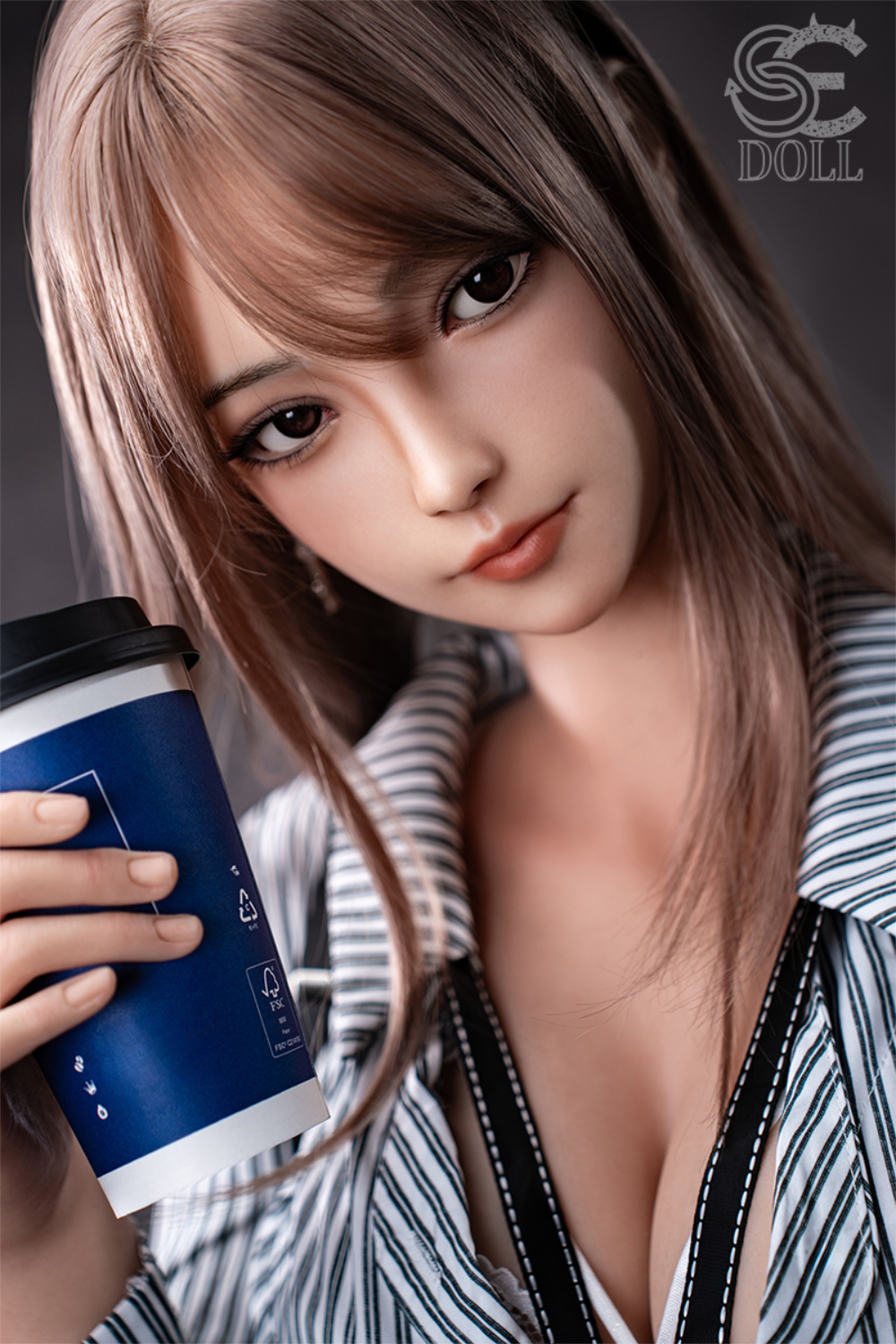 Realistic SEDOLL T161 cm C Aya Series Silicone - Yuuki.K holding a coffee cup with office attire.
