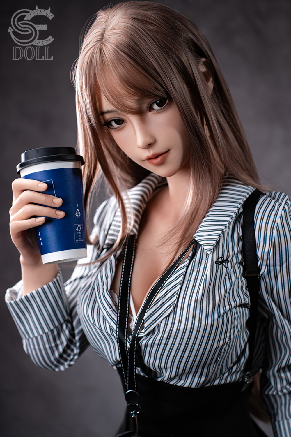 SEDOLL T161 cm C Aya Series Silicone - Yuuki.K holding a blue coffee cup while wearing an office attire.