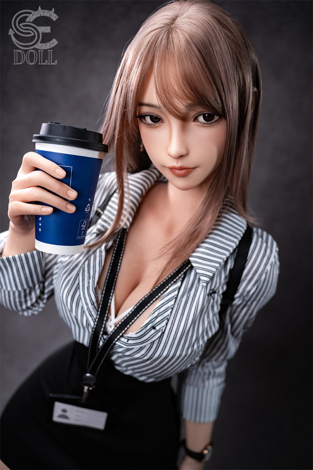 SEDOLL T161 cm C Aya Series Silicone - Yuuki.K  wearing a striped shirt and holding a coffee cup.