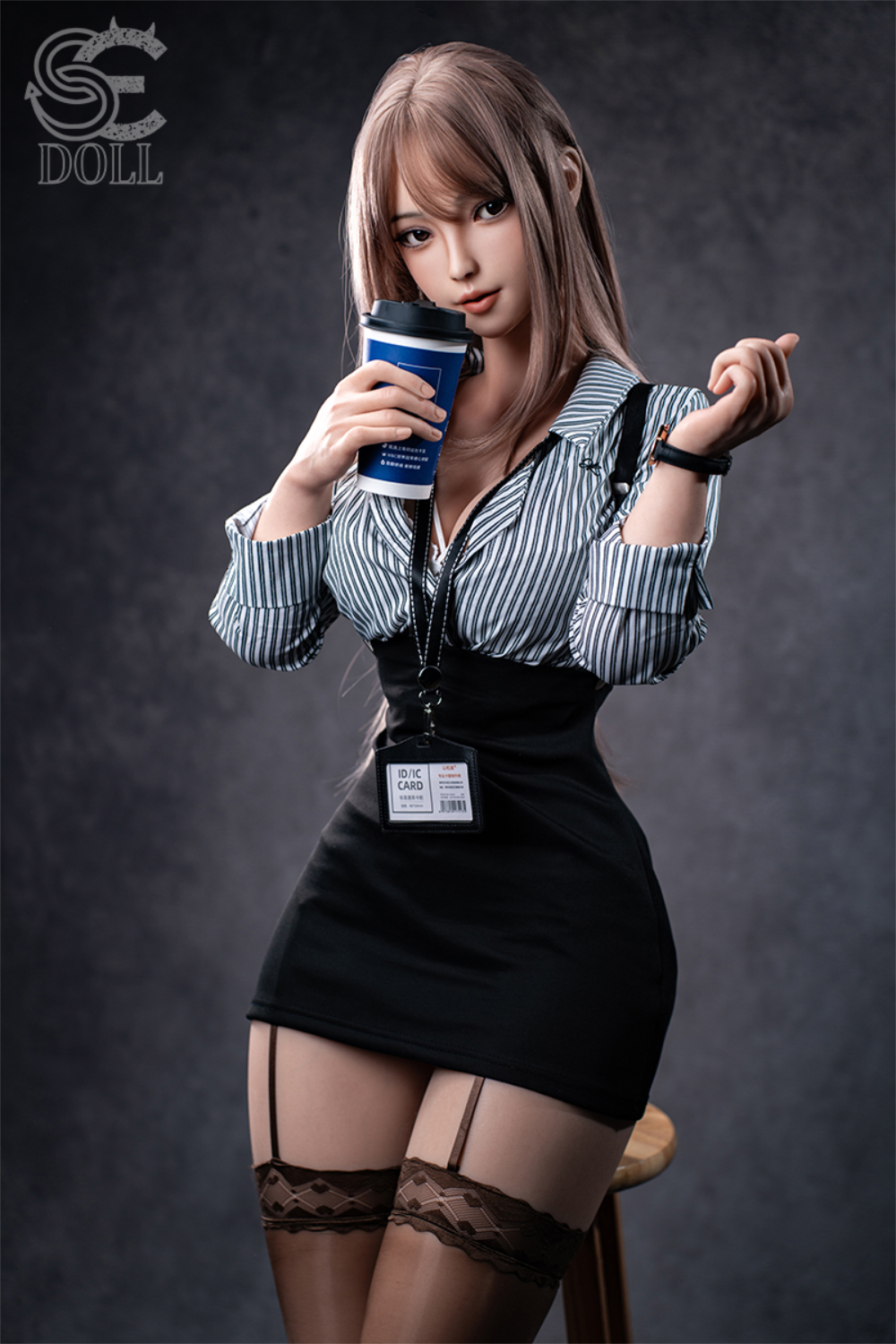 SEDOLL T161 cm C Aya Series Silicone - Yuuki.K in a black dress and stockings holding a coffee cup.