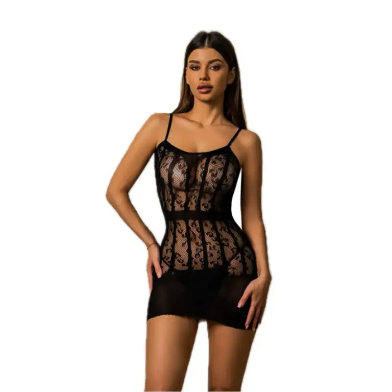 Bodystocking - 1 Pc Sexy Black Leopard Patches Spaghetti Strapes Fishnet Dress Lingerie - Frisky Business Adult Sex Toys Shop