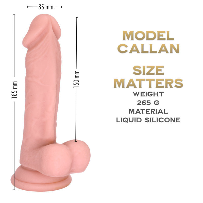 Realistic dildo model Callan with measurement chart showing size, length, and suction cup base details