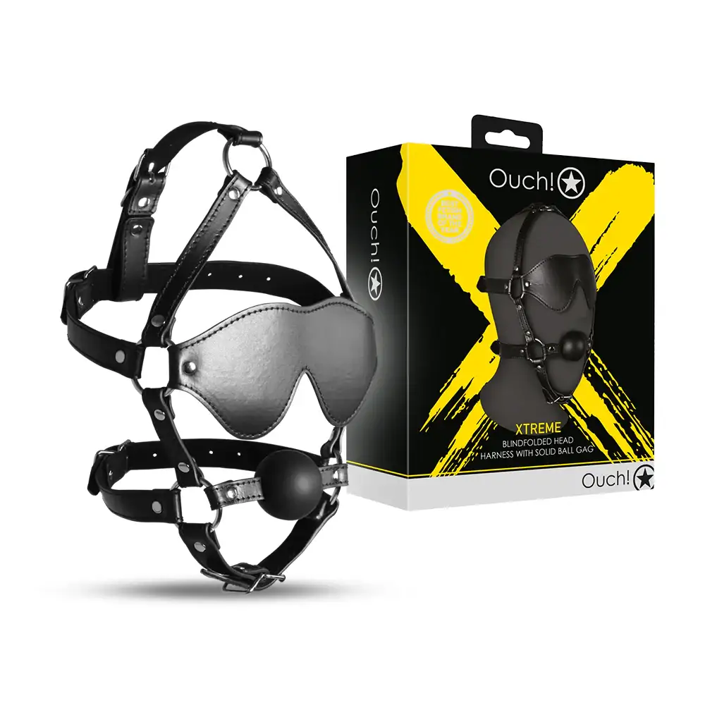SHOTS Ouch! Blindfolded Head Harness with Solid Ball Gag adjustable straps for secure and comfortable adult restraint Singapore