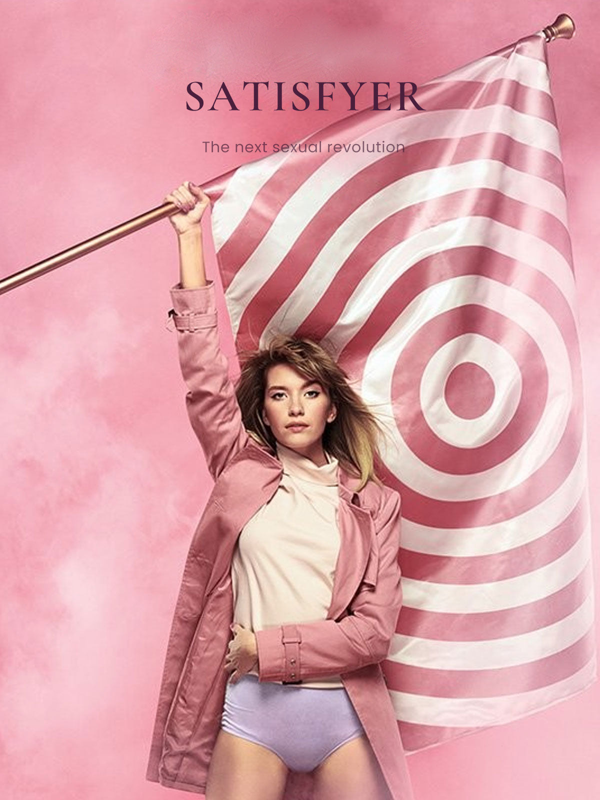 Person holding a pink and white striped flag with 'Satisfyer' branding on a pink background