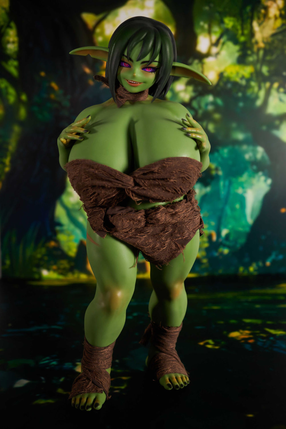 Green fantasy female doll with large bust, forest background