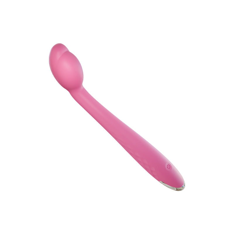 Silk Curve: slim pink silicone vibrator with a rounded, angled tip, on a white background