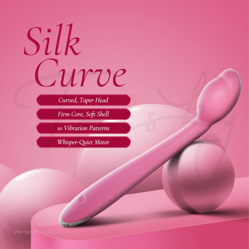 Silk Curve: pink vibrator resting on soft pink spheres, with the product name and key features in deep pink