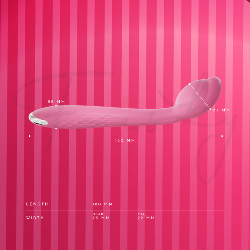Silk Curve: vibrator lying flat against pink stripes, with lines marking its length