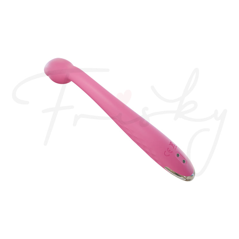 Silk Curve: pink vibrator angled diagonally on white, showing its slim profile