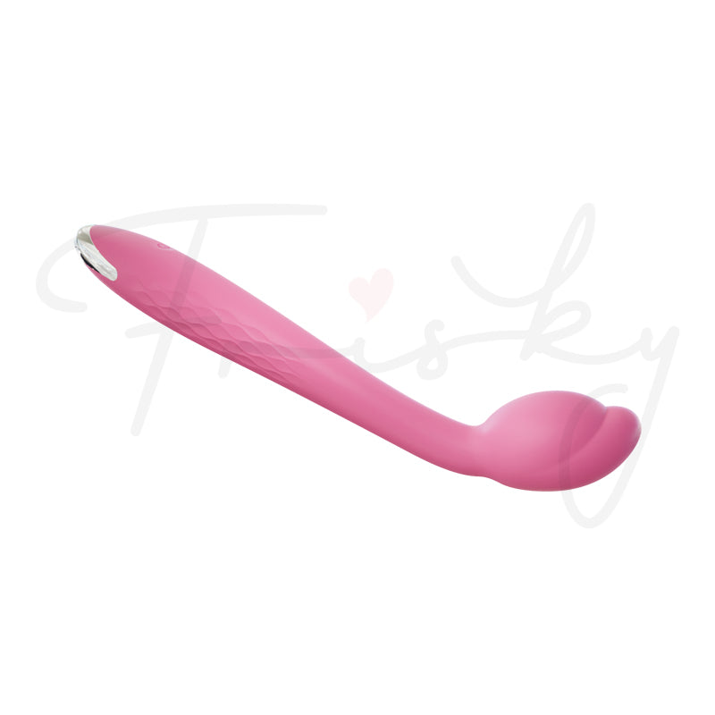 Silk Curve: pink vibrator lying on its side on white, showing the full curve from handle to tip