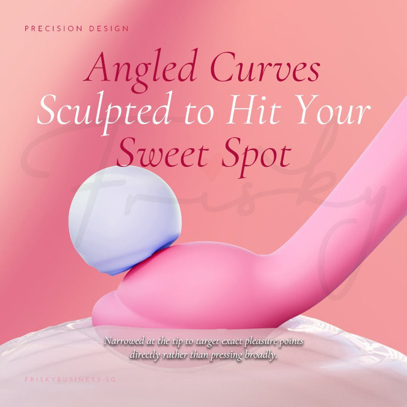 Silk Curve: curved tip beside a pearl-white sphere, showing its shape for G-spot stimulation
