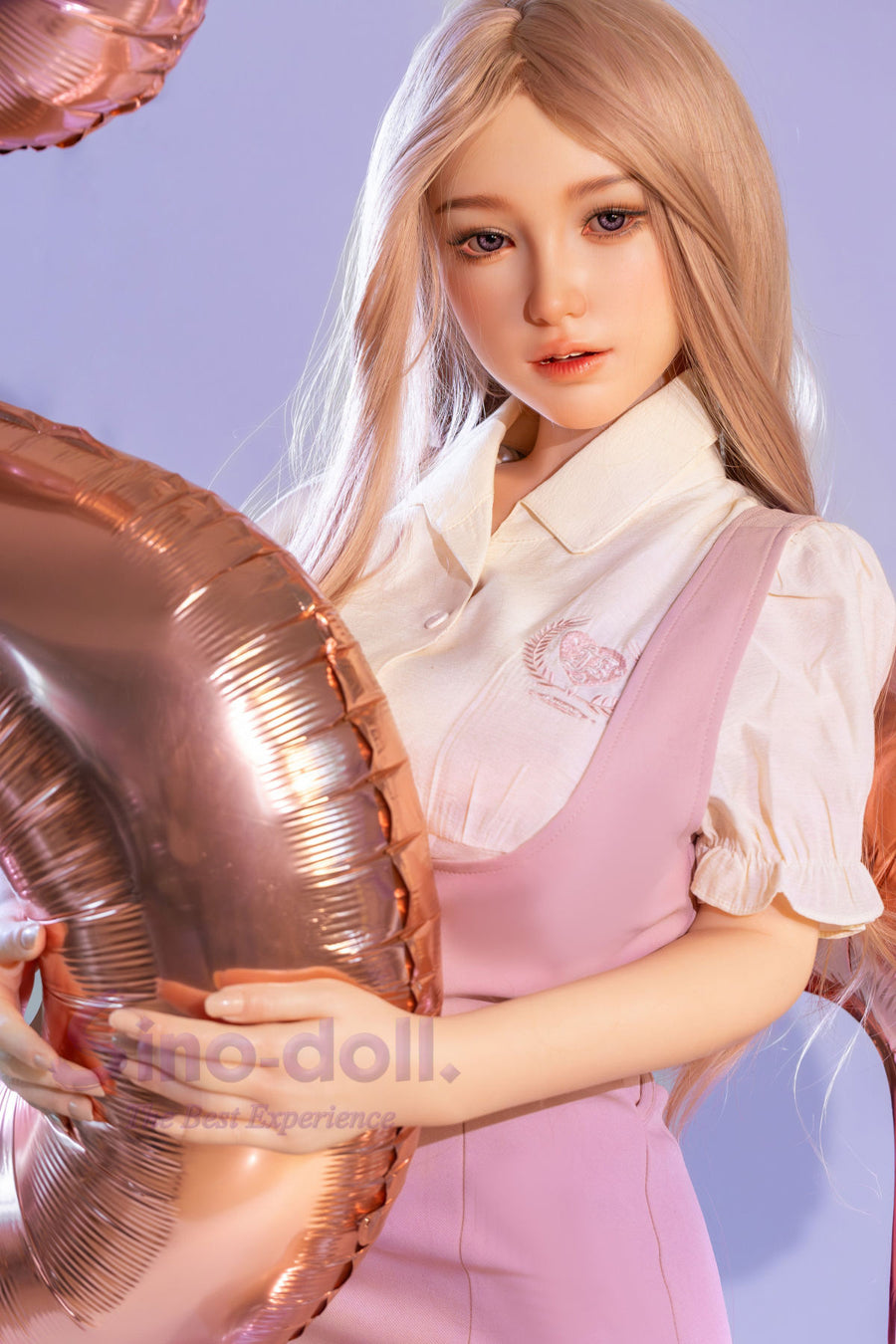 Sino Doll Pro Soft Max 161 cm Platinum Silicone - Linchun (R+S Effect) with blonde hair and a pink dress holding a balloon.