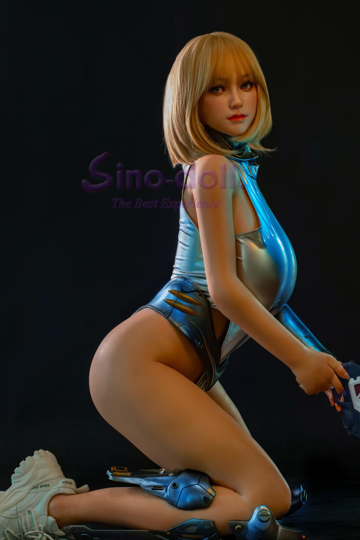 Sino Doll Pro Soft Max 167 cm Platinum Silicone - Linchun (R+S Effect) in a silver futuristic outfit and white shoes.