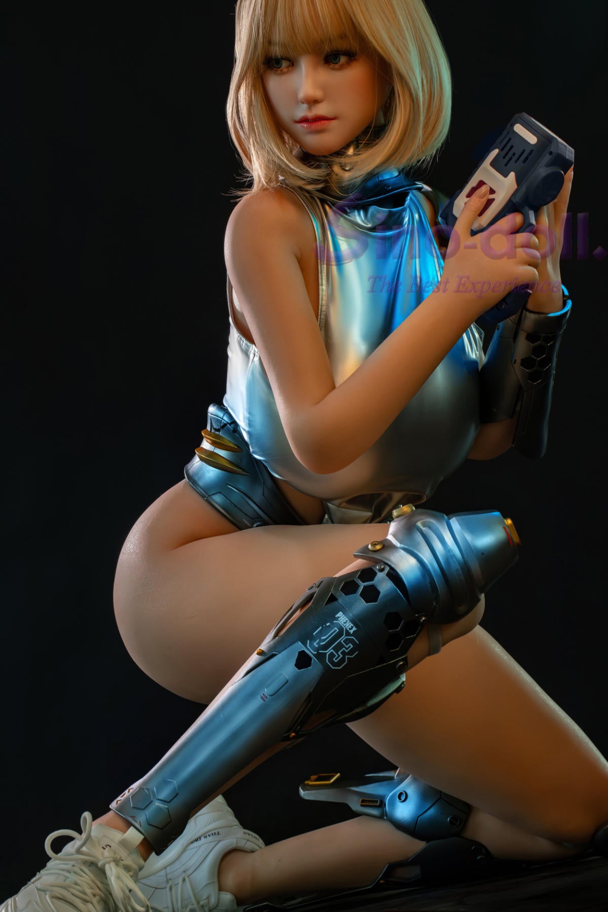 Sino Doll Pro Soft Max 167 cm Platinum Silicone - Linchun (R+S Effect) in futuristic outfit holding a weapon.