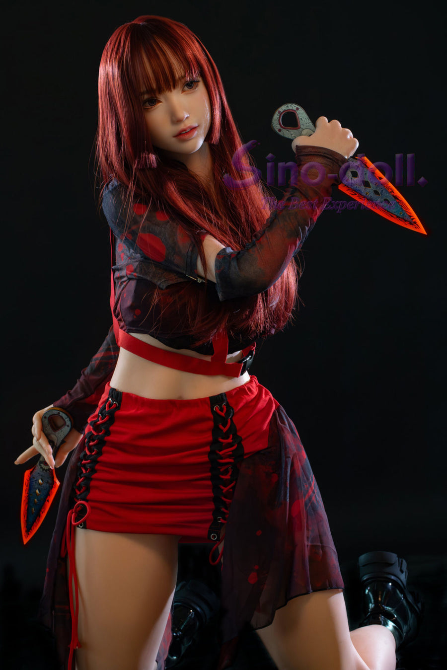 Sino Doll Pro Soft Max 167 cm Platinum Silicone - Linqiu with red hair and outfit holding a weapon.
