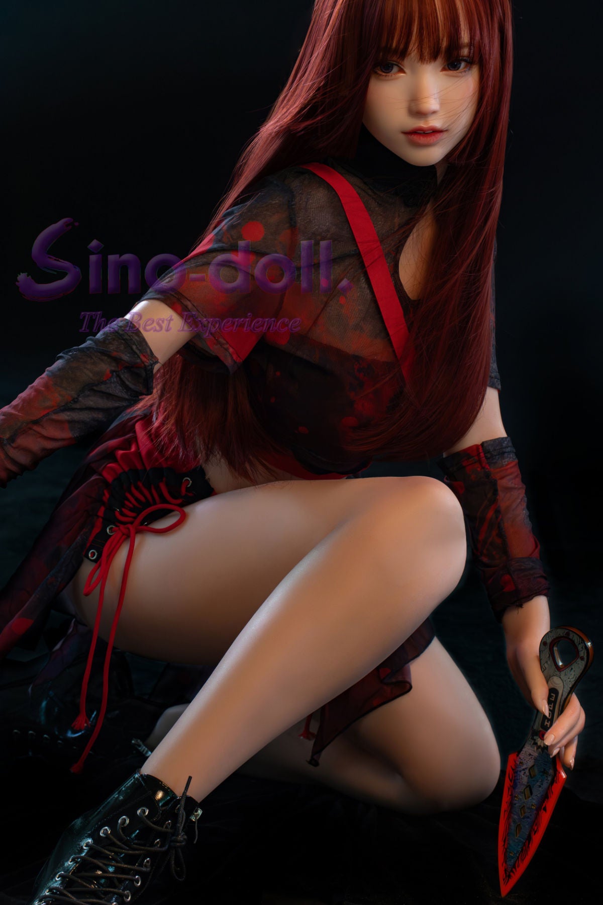 Sino Doll Pro Soft Max 167 cm Platinum Silicone - Linqiu in a dark outfit with red accents and weapon.