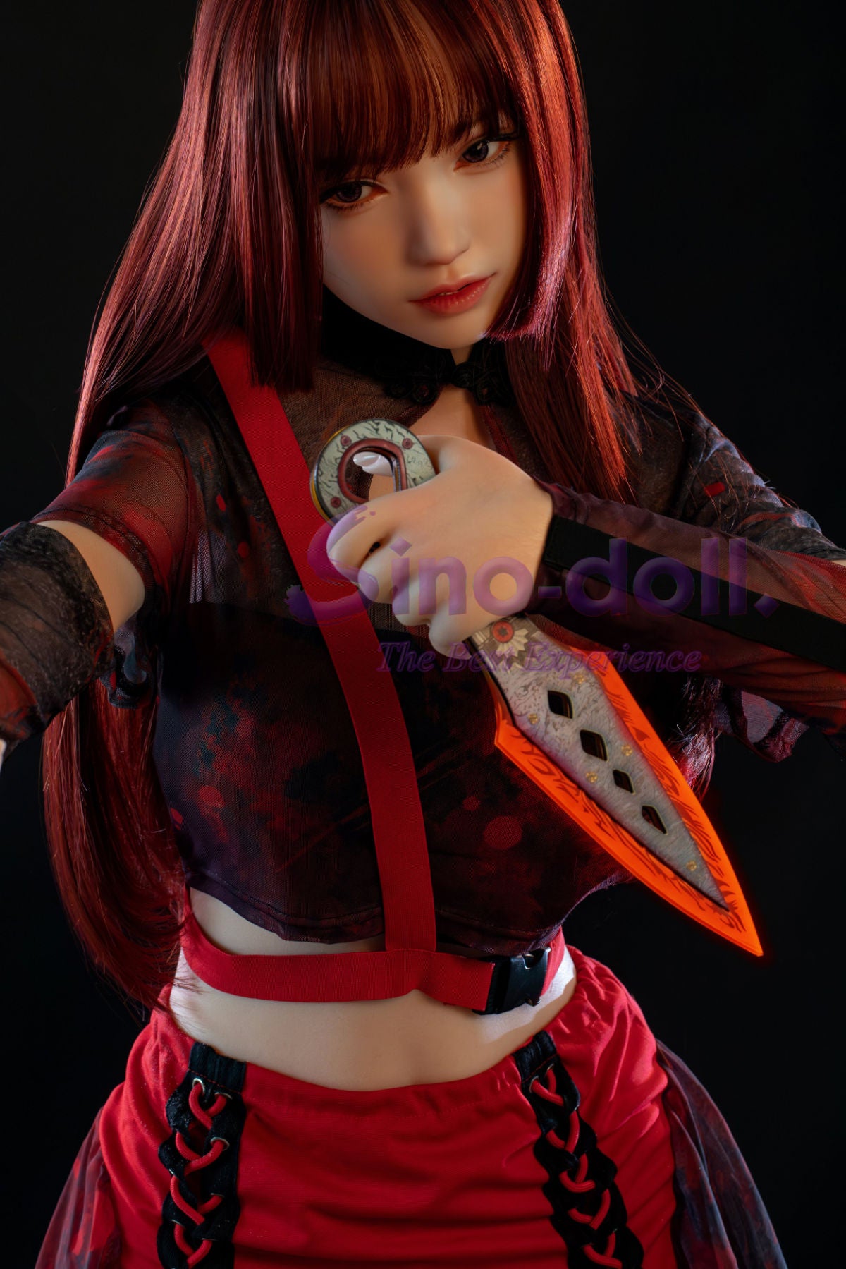 Sino Doll Pro Soft Max 167 cm Platinum Silicone - Linqiu with red hair and detailed outfit holding a weapon.