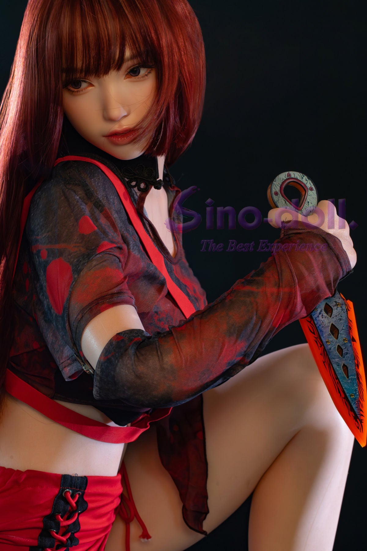 Sino Doll Pro Soft Max 167 cm Platinum Silicone - Linqiu in a red and black outfit holding a weapon.