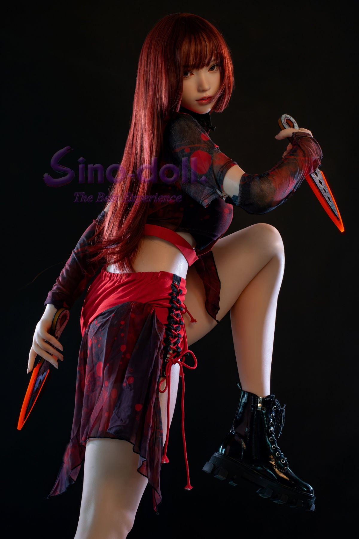 Sino Doll Pro Soft Max 167 cm Platinum Silicone - Linqiu with red hair and a knife, wearing an anime style outfit.