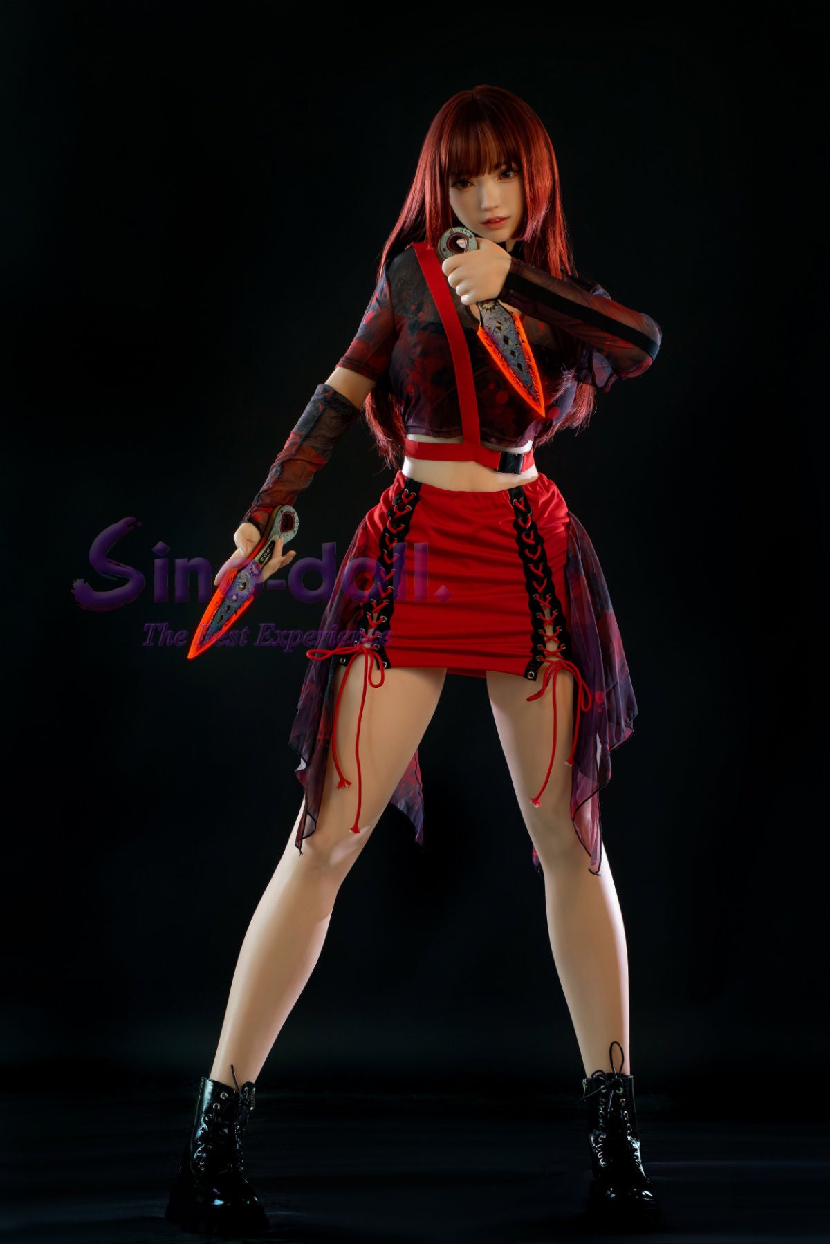 Sino Doll Pro Soft Max 167 cm Platinum Silicone - Linqiu in a red and black outfit with a weapon.