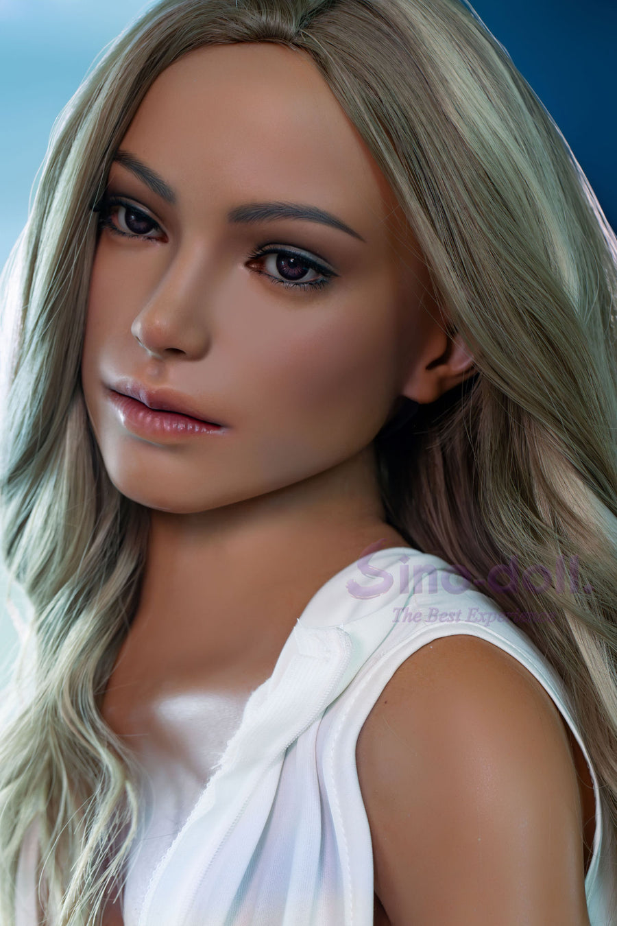 Close-up of Sino Doll Pro Soft Max 167 cm Platinum Silicone - Sylvia (R+S Effect) with long blonde hair wearing a white sleeveless top.