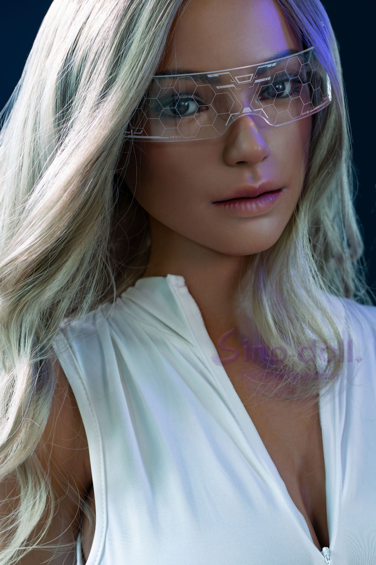 Sino Doll Pro Soft Max 167 cm Platinum Silicone - Sylvia (R+S Effect) wearing futuristic goggles and white top.