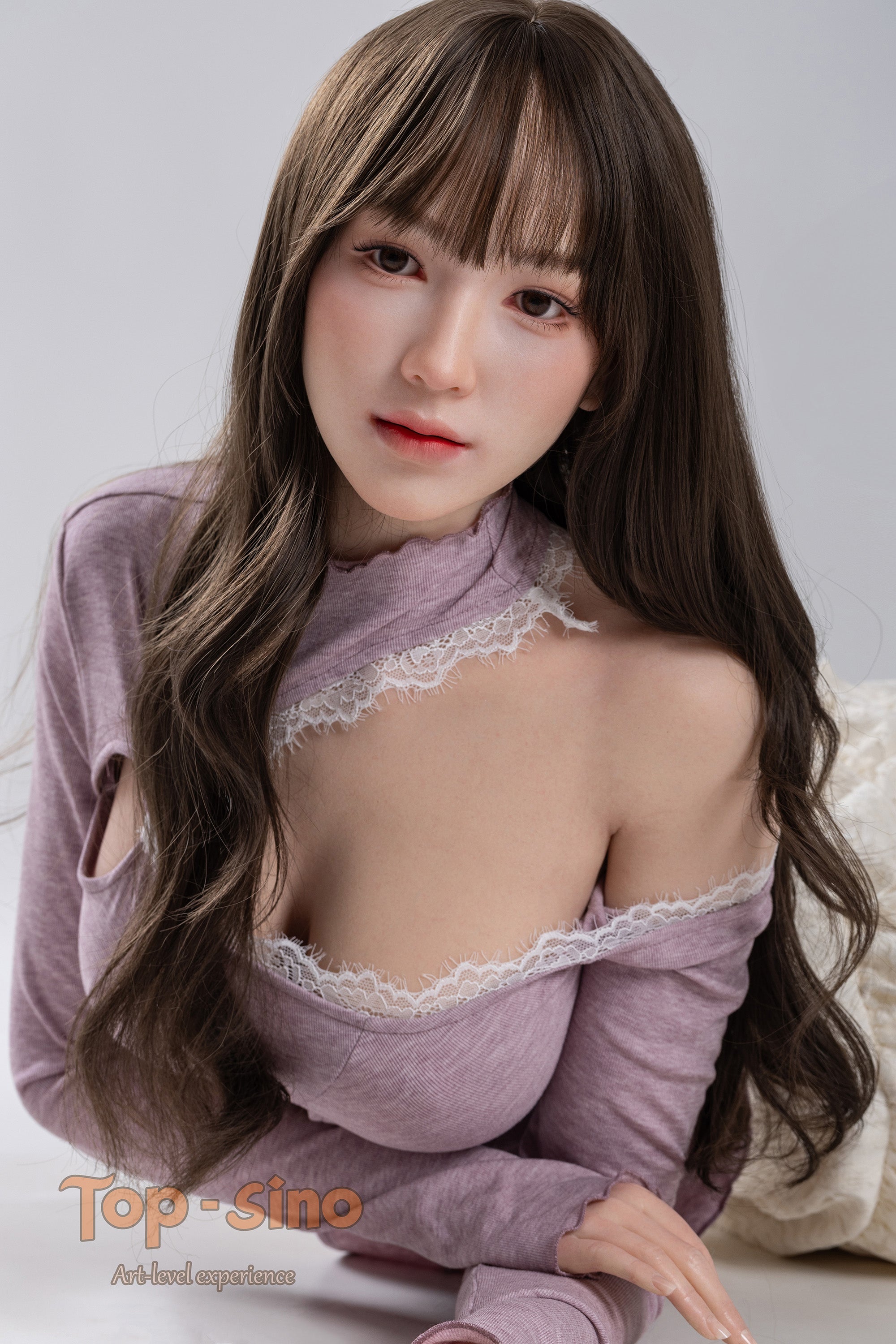 Top Sino 167 cm Platinum Silicone Recreated Series - Miyan V2 (RRS+) wearing a lavender outfit with lace details on a plain background