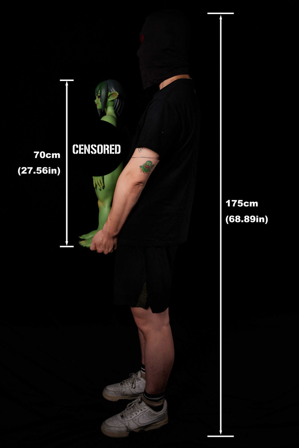 Full body measurement chart of green fantasy doll, side view